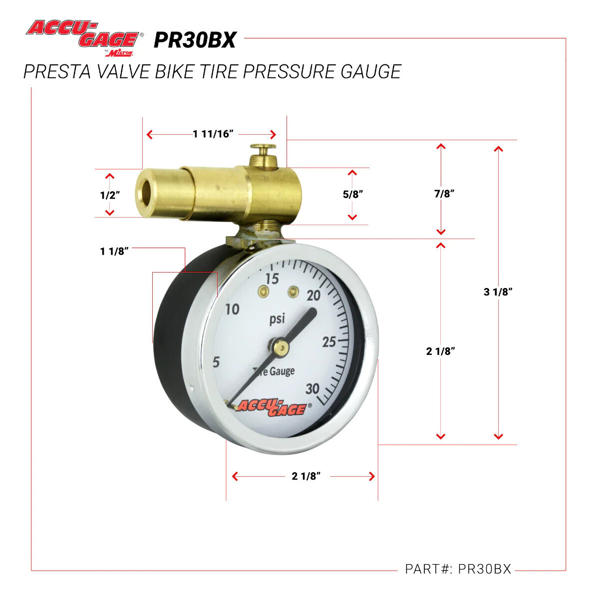 Manomètre ACCU-GAGE PR30BX - Valve presta, 0-30psi