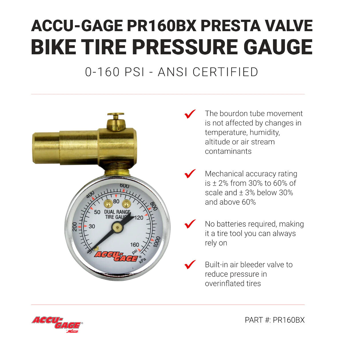 Manomètre ACCU-GAGE PR160BX - Valve presta, 0-160psi