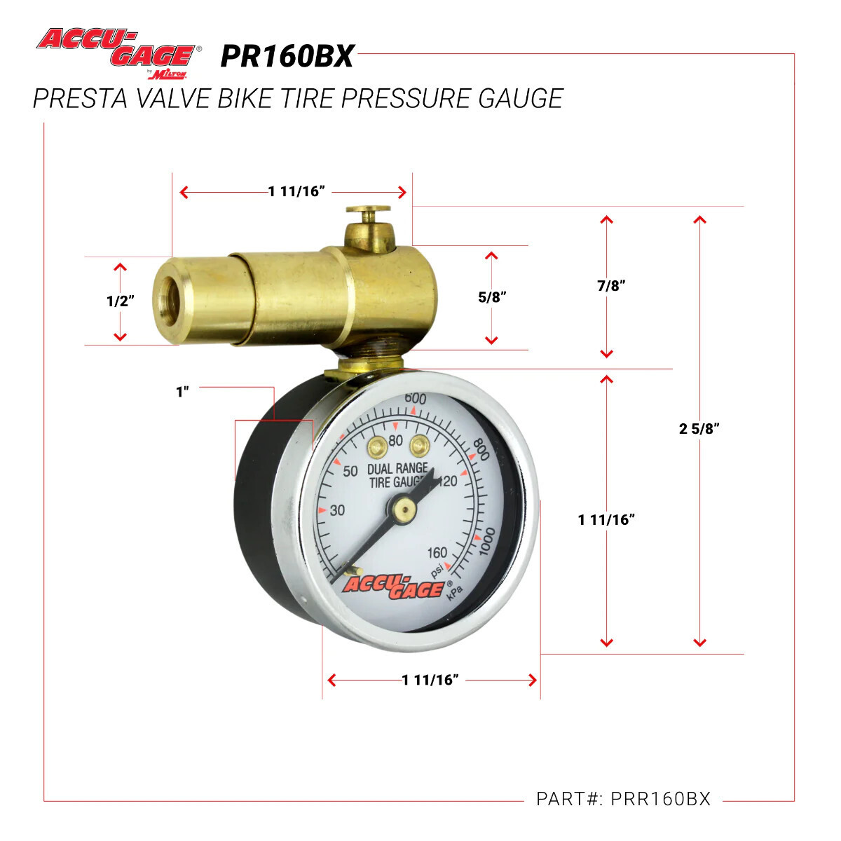 Manomètre ACCU-GAGE PR160BX - Valve presta, 0-160psi
