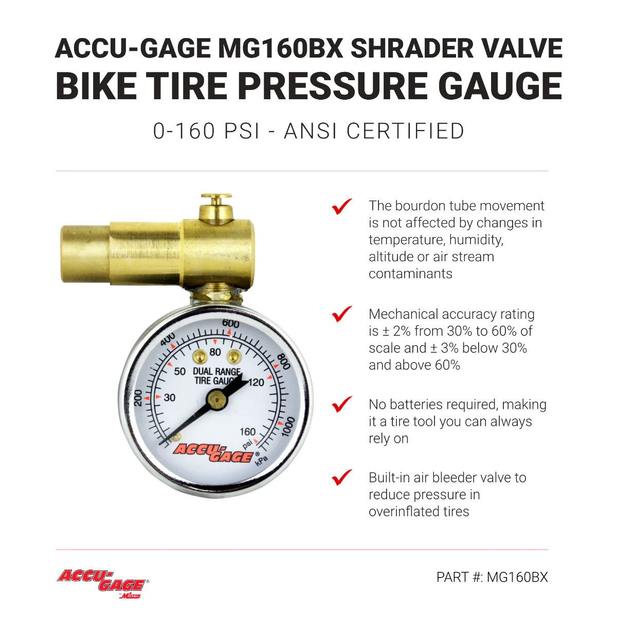 Manomètre ACCU-GAGE PR30BX - Valve presta, 0-30psi