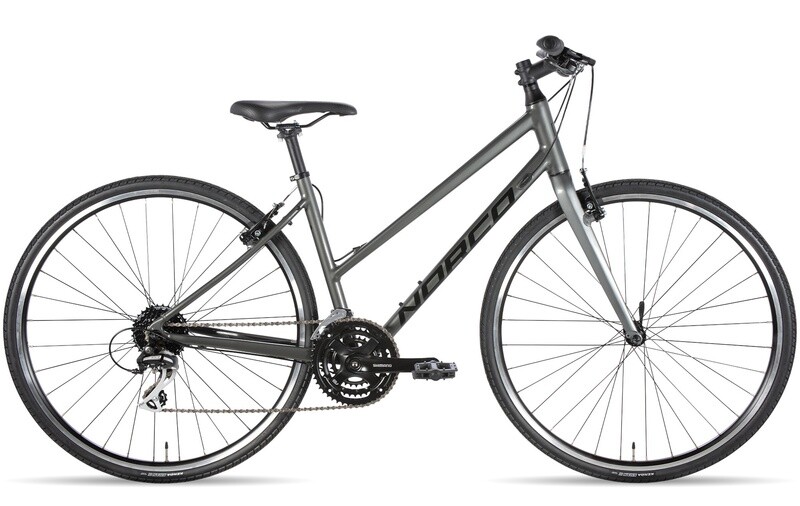Vélo hybride Norco VFR 1 ST 2023, couleur Charcoal, cadre à enjambement bas.