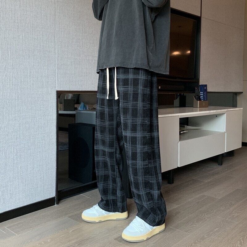 Men Checkered Casual Pants Loose Straight Corduroy Pants Sweatpants Man Fashion Streetwear 2023 Spring New Hip Hop Trousers - Casual Pants