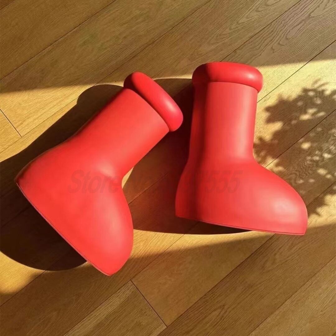 MSCHF Red Boots Rain Boot Thick Bottom Big Round Toe Flat Rubber Sole Slip On Cartoon Boots Women Men Walk Show Shoes Cute ST518| 