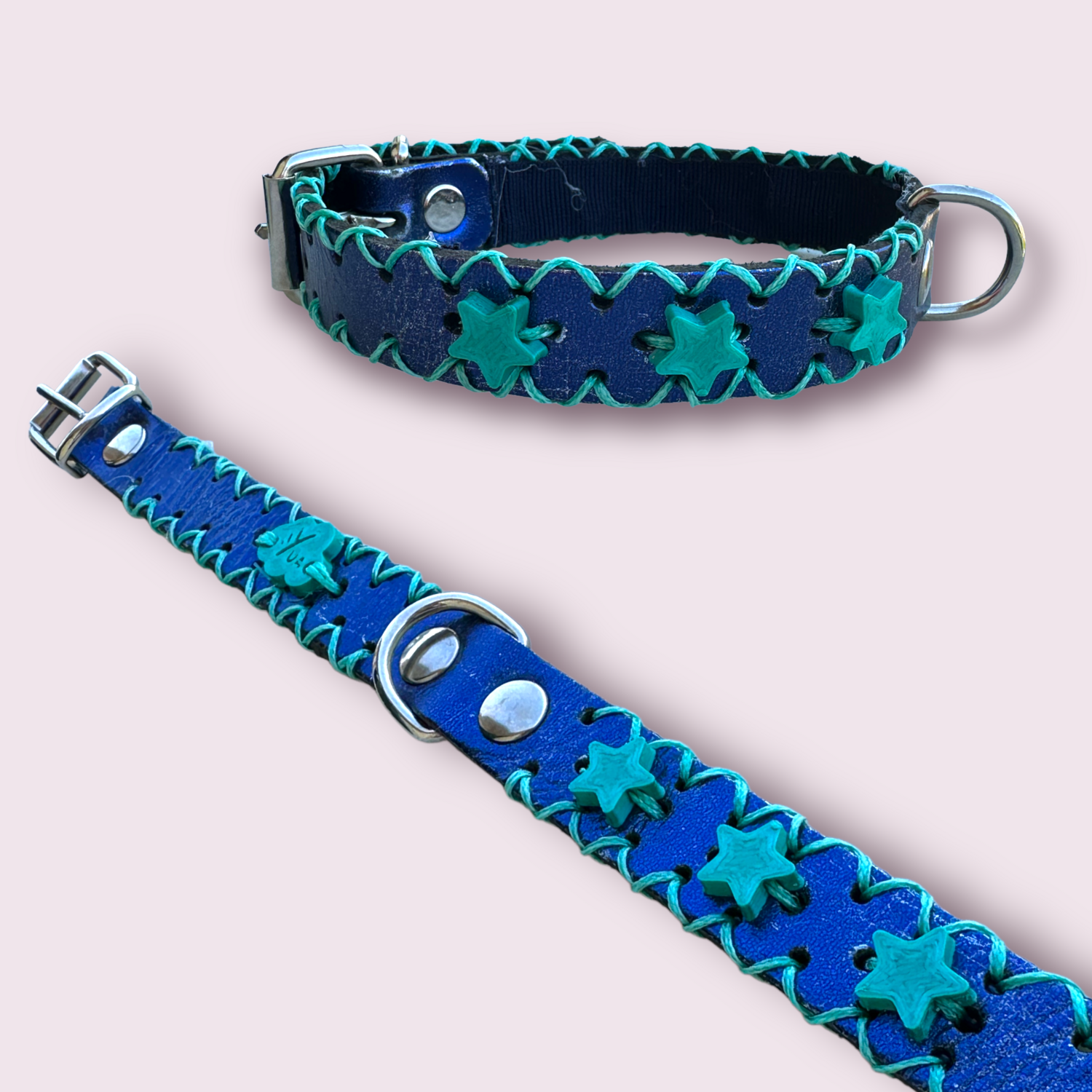 COLLARE in pelle blu personalizzato con charme a forma di stelle fiffany in PLA