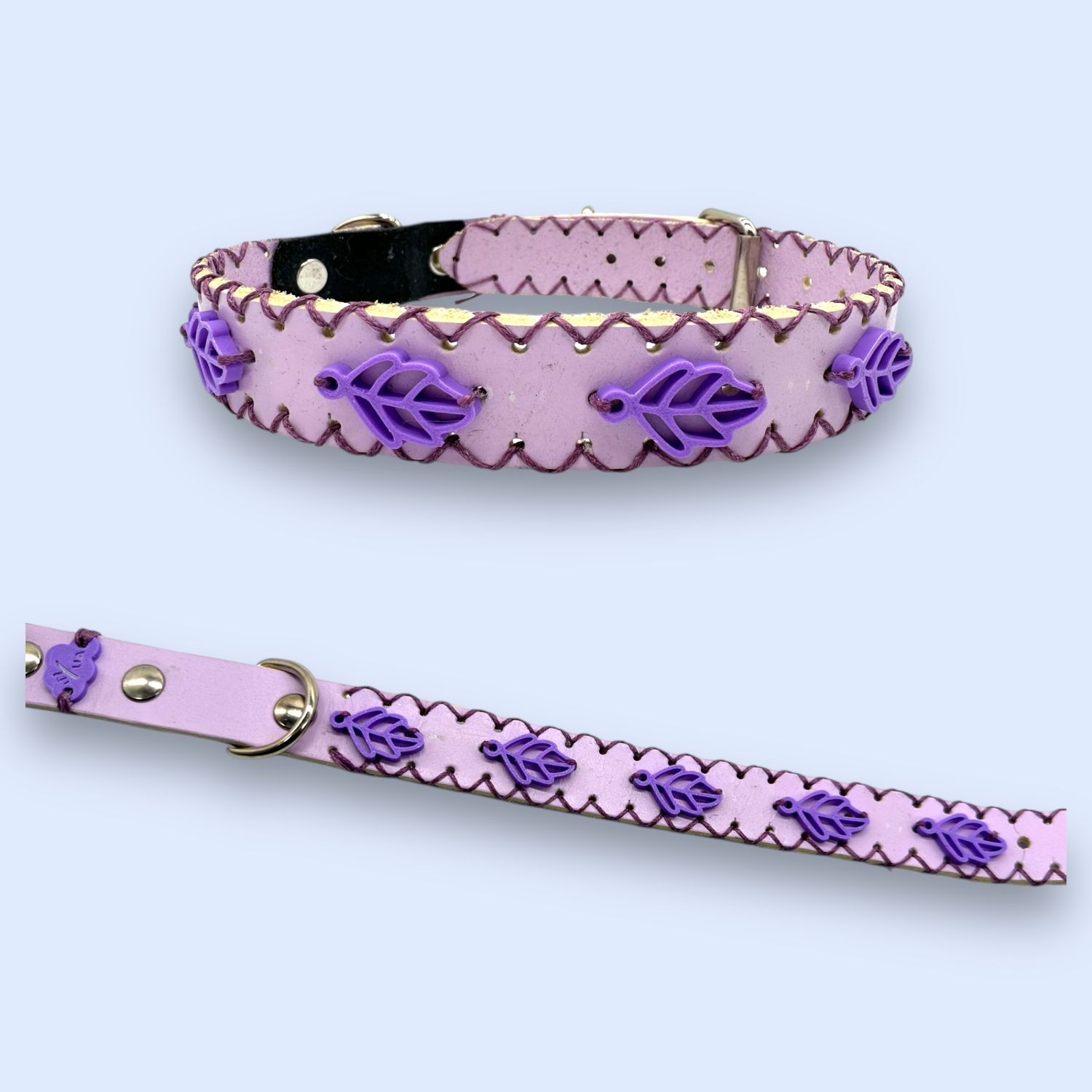 COLLARE in pelle lilla personalizzato con foglioline viola in PLA