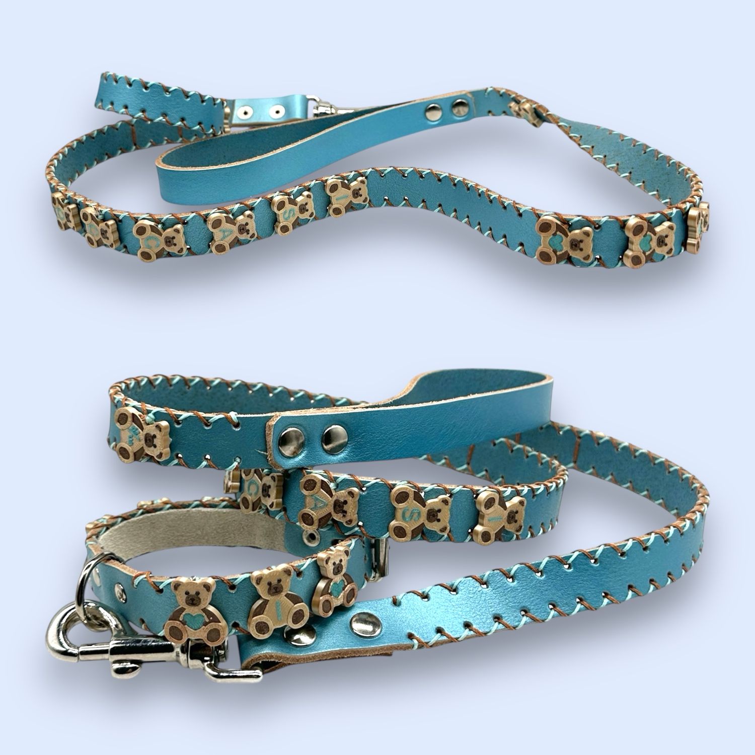 COMPLETO COLLARE e GUINZAGLIO in pelle laminata azzurra personalizzato da charme in PLA a forma di orsetti