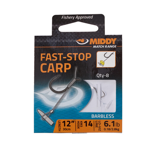 Fast-Stop Carp Hooks-to-Nylon (Long - 12&quot;): 14 to 6.1lb (8pc pkt) - MIDDY