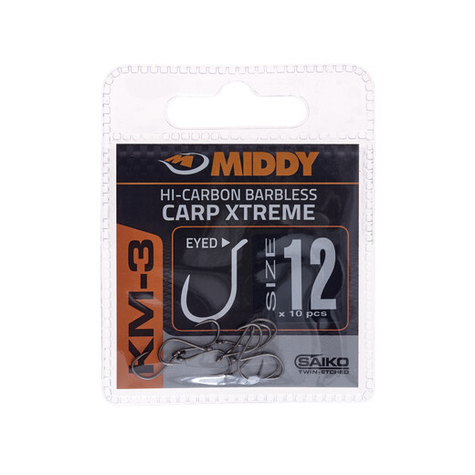 KM3 Carp Xtreme Eyed Hooks 12 (10pc pkt) - MIDDY