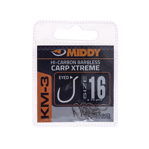 KM3 Carp Xtreme Eyed Hooks 16 (10pc pkt) - MIDDY