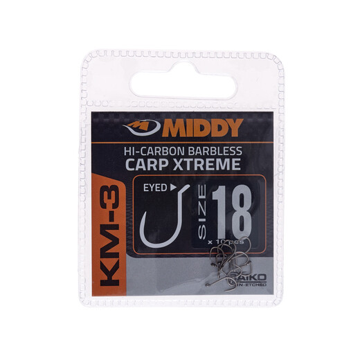 KM3 Carp Xtreme Eyed Hooks 18 (10pc pkt) - MIDDY