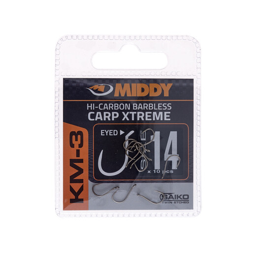 KM3 Carp Xtreme Eyed Hooks 14 (10pc pkt) - MIDDY