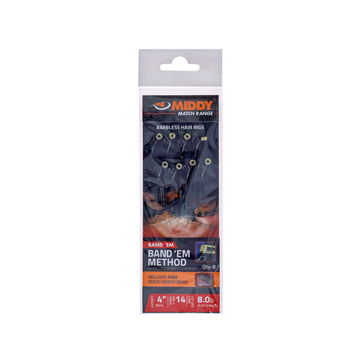 16 to 6.1lb -Band &#39;Em Method Barbless Hair Rigs (4&quot;):  (8pc pkt) - MIDDY