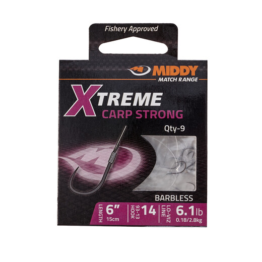 Xtreme Carp Strong 93-13 Barbless Hooks-to-Nylon: Size: 14 to 6.1lb (9pc pkt) - MIDDY