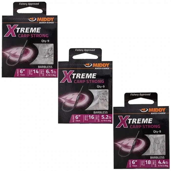 Xtreme Carp Strong 93-13 Barbless Hooks-to-Nylon: Size: 12 to 8.0lb (9pc pkt) - MIDDY