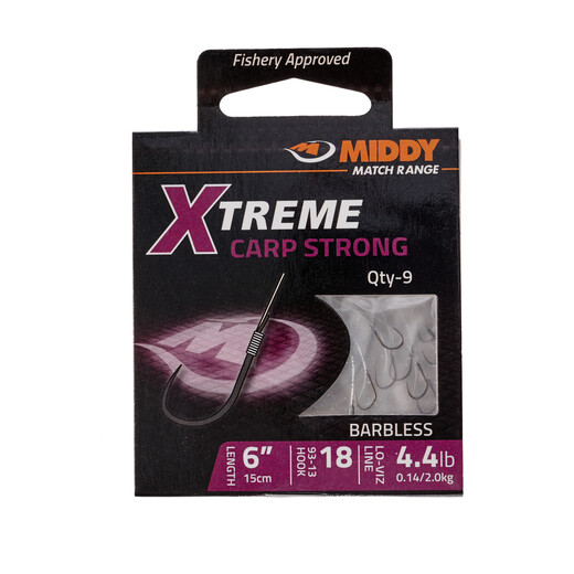 Xtreme Carp Strong 93-13 Barbless Hooks-to-Nylon: 18 to 4.4lb (9pc pkt) - MIDDY
