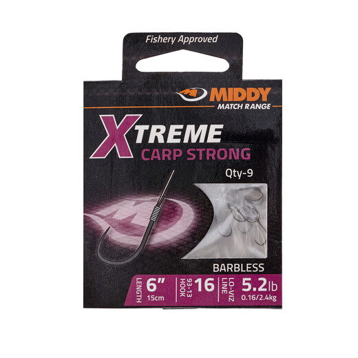 Xtreme Carp Strong 93-13 Barbless Hooks-to-Nylon: 16 to 5.2lb (9pc pkt) - MIDDY