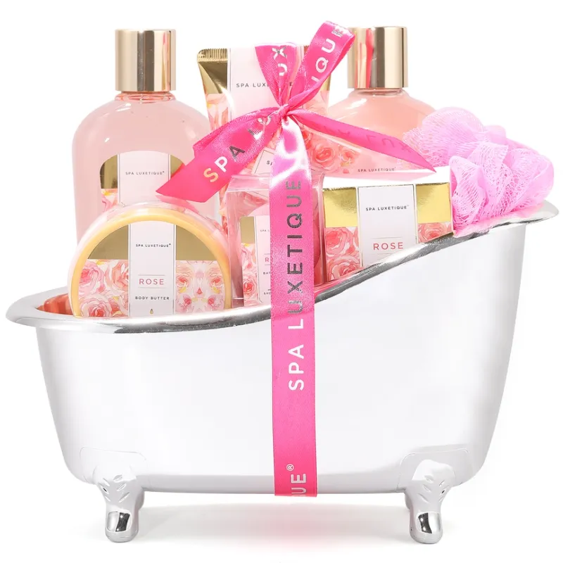 Geschenkset in zilveren badkuip - Rose Beauty &amp; Shea butter