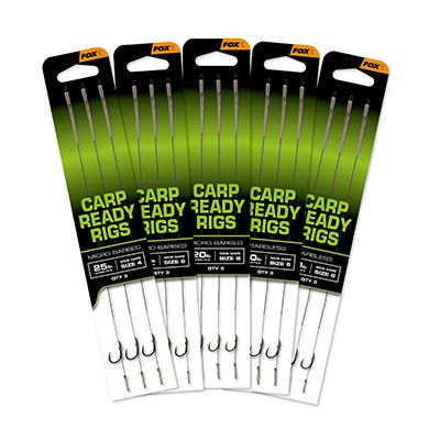 Carp Ready Rigs x3 Wide Gape sz 4 (25lb) BARBED- FOX