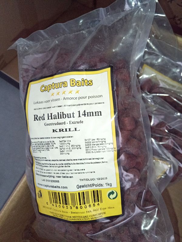 Red halibut 14mm pellets doorboord