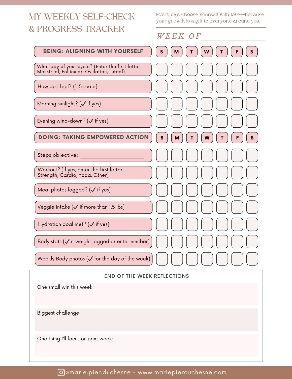 (Version anglaise) Auto-évaluation hebdomadaire et suivi des progrès