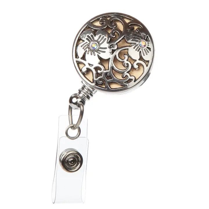 CLEMATIS SILVER FLORAL RETRACTABLE ID BADGE REEL