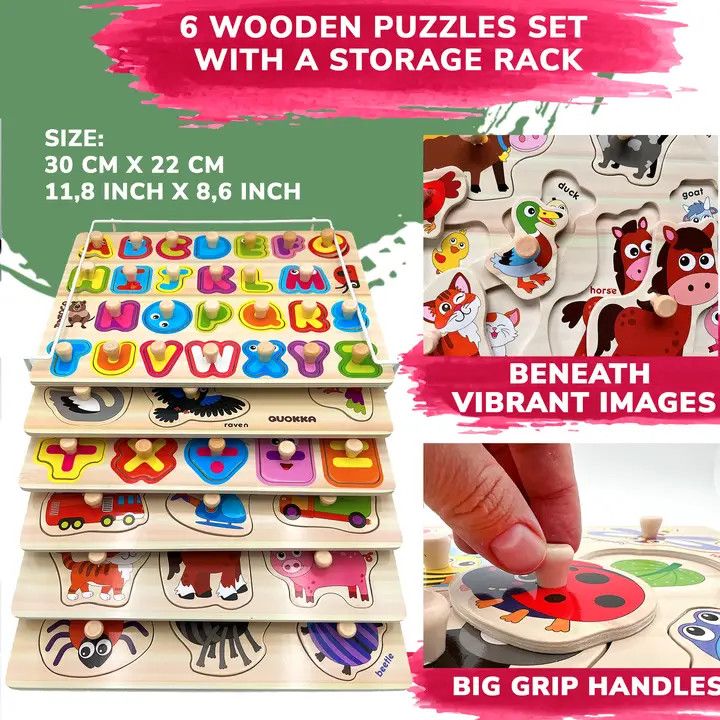 Learning Wooden Puzzles For Toddlers On A Rack | Set of 6