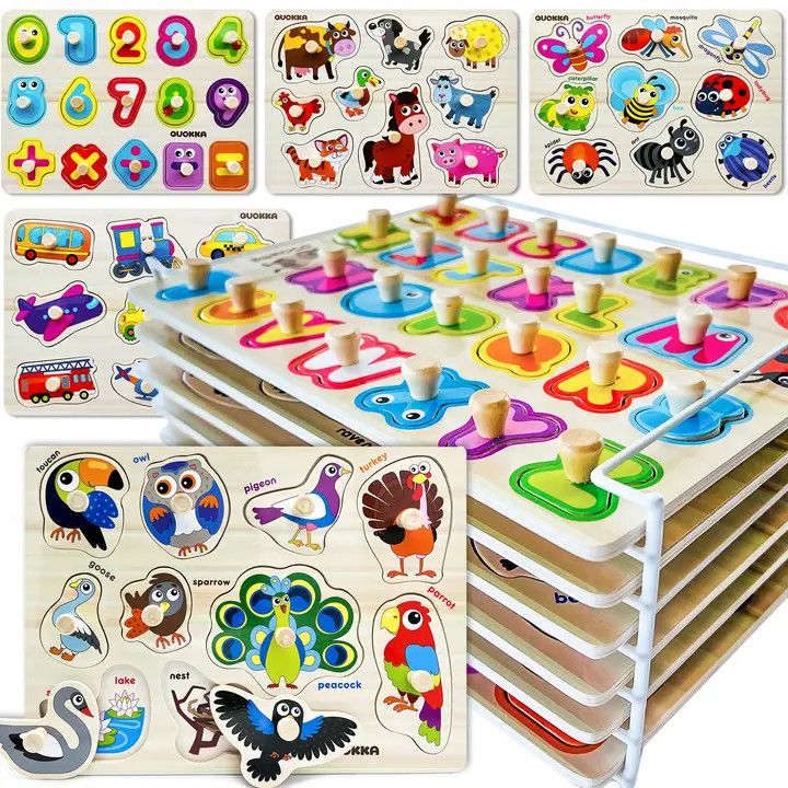 Learning Wooden Puzzles For Toddlers On A Rack | Set of 6