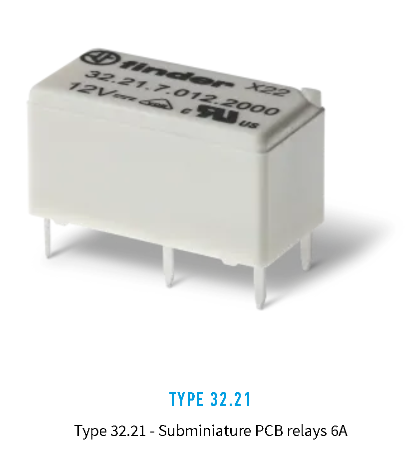 32.21.7.005.2000, Finder, Rele para circuito impreso p/ (5vdc) 6 a, un cc (no-nc).