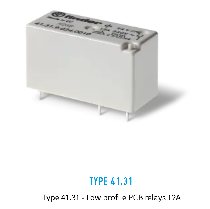 41.31.9.024.0010, Finder, Mini rele p/ circuito impreso,1p,2t, 24vdc, sal. 12a, 250v.