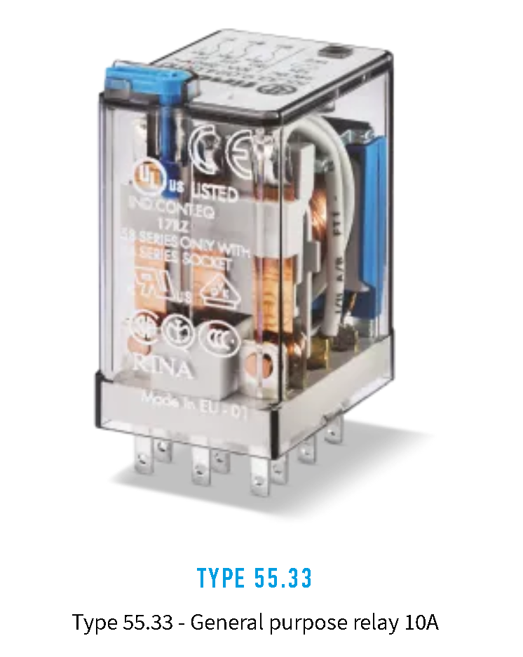 5533.8120.0050, Finder, Relevador de 3p,2t, 10a,250v con pulsador y led.