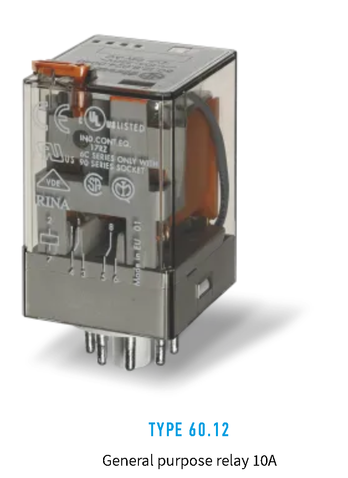 60.12.9.250.0040, Finder, Relevador de 2p,2t, 10a, 250v, con bobina en 250vcd.