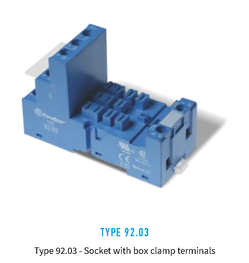 92.03SMA, Finder, Base escalera azul p/ relevadores 62.32 y 62.33, de 16a, 250v.