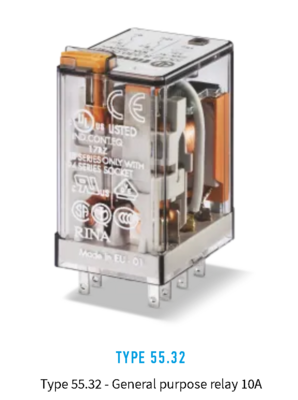 55.32.9.012.0040, Finder, Relevador de 2p, 2t, con bobina en 12vcd 2cc 10 a