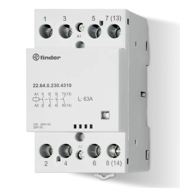 22.64.0.230.4310, Finder, Contactor de 4 polos, 63a, bobina en 230v dc/ac.