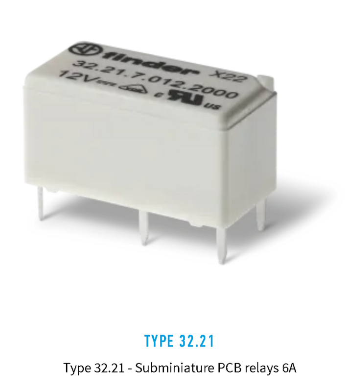 32.21.7.005.2000, Finder, Rele para circuito impreso p/ (5vdc) 6 a, un cc (no-nc).