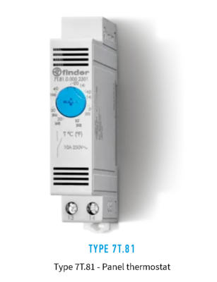 7T.81.0.000.2303, Finder, Termostato, c/contacto no, p/ ventilador (no requiere voltaje) 0-60°,
