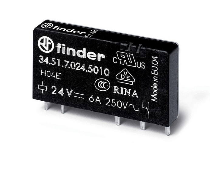 34.51.7.024.5010, Finder, Relevador de 1p, 2t, 6a, 250v, contactos de aleacion especial.