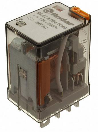 56.32.8.024.0040, Finder, Relevador de 2p,2t, 12a, 250v, c/bobina en 24vca.