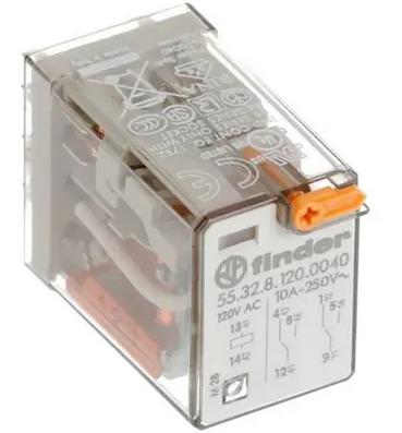 55.32.9.024.0074, Finder, Relevador 2p2t, 12a, bob. 24vdc, c/puls. de prueba, doble led e indic. mec.