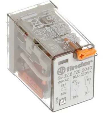 55.34.8.120.0054, Finder, Rele 4cc (120vac) 10 a, con led, indicador y pulsador de prueba. (my4-120vac-l)