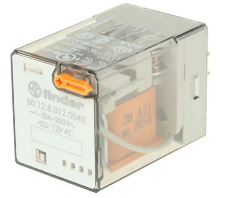 60.12.8.012.0040, Finder, Relevador de 2p, 2t, bob. en 12 vca, para base octal.