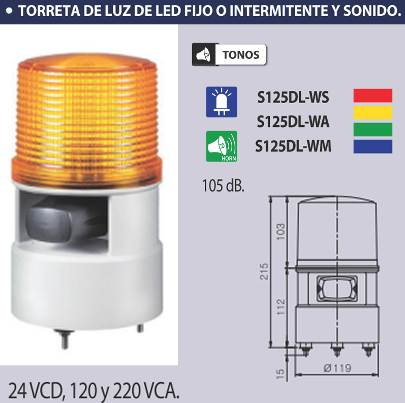 S125DL-WS-A-24, Q-Light, 63113 torreta fija/interm., ambar con sonido, 105db, p/ 24vcd