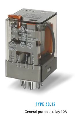 60.12.8.120.0040, Finder, Relevador de 2p,2t, en 120v, con pulsador e indicador mec.