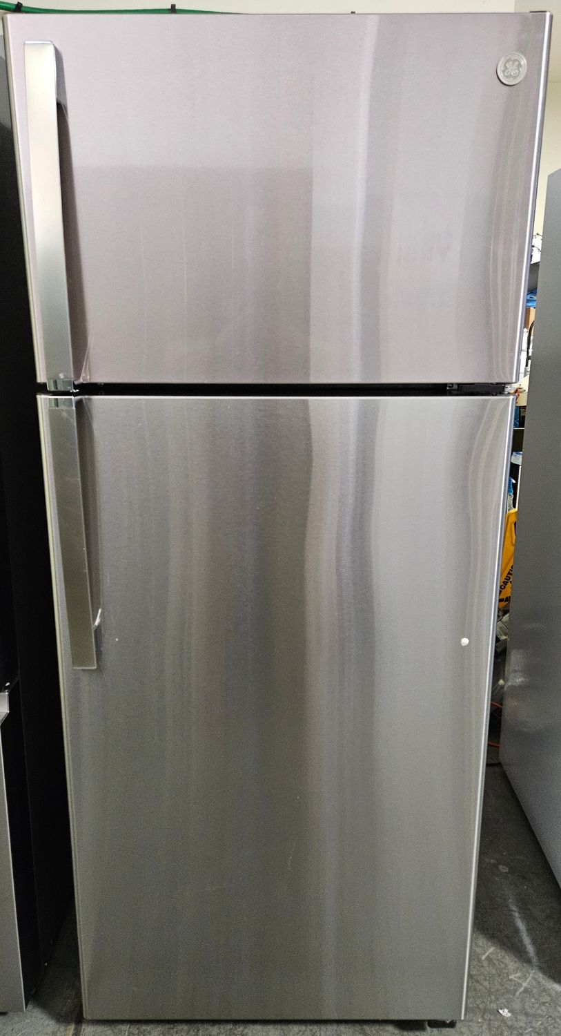 NEW! GE 17.5 Cu. Ft. Top Freezer Refrigerator in Fingerprint Resistant Stainless Steel