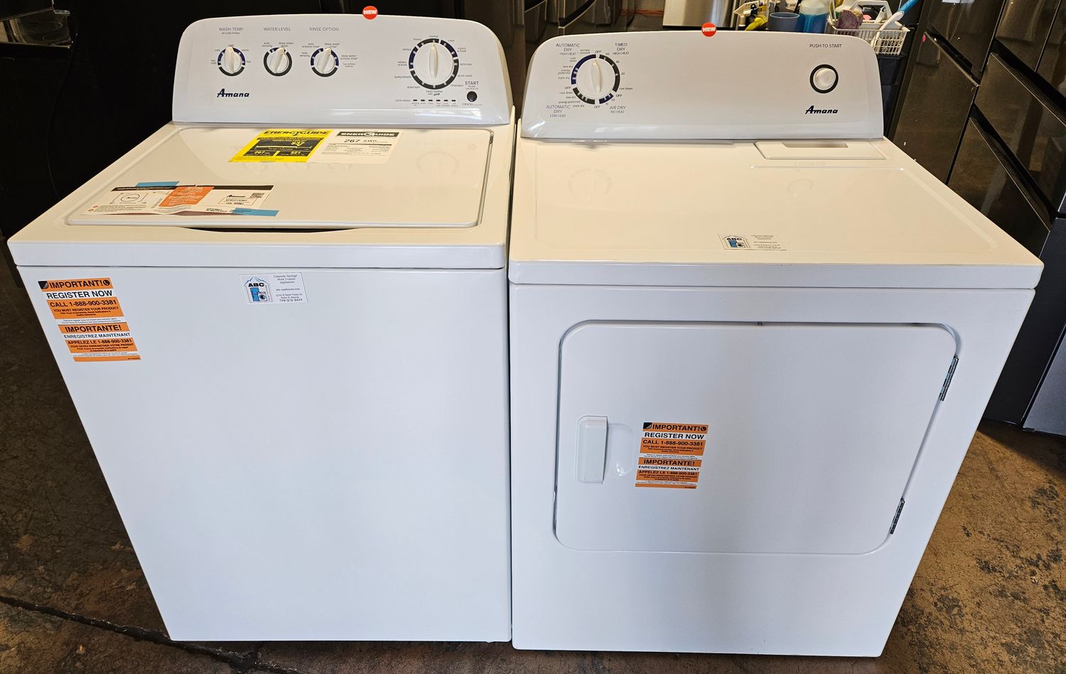 NEW! Amana Top Load Washer (3.8cu.ft.) &amp; Large Capacity Electric Dryer (6.5cu.ft.)