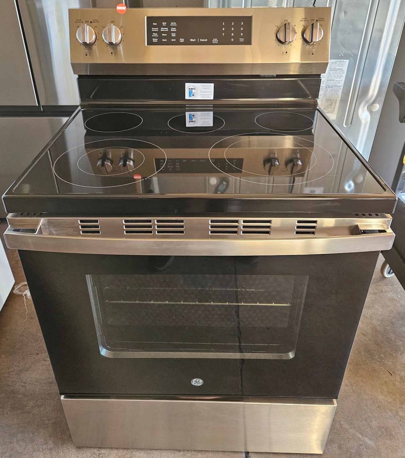 NEW! 30in GE Electric 5-Burner Glass-Top Convection Range in Stainless Steel NEW! 30in GE Electric 5-Burner Glass-Top Convection Range in Stainless Steel