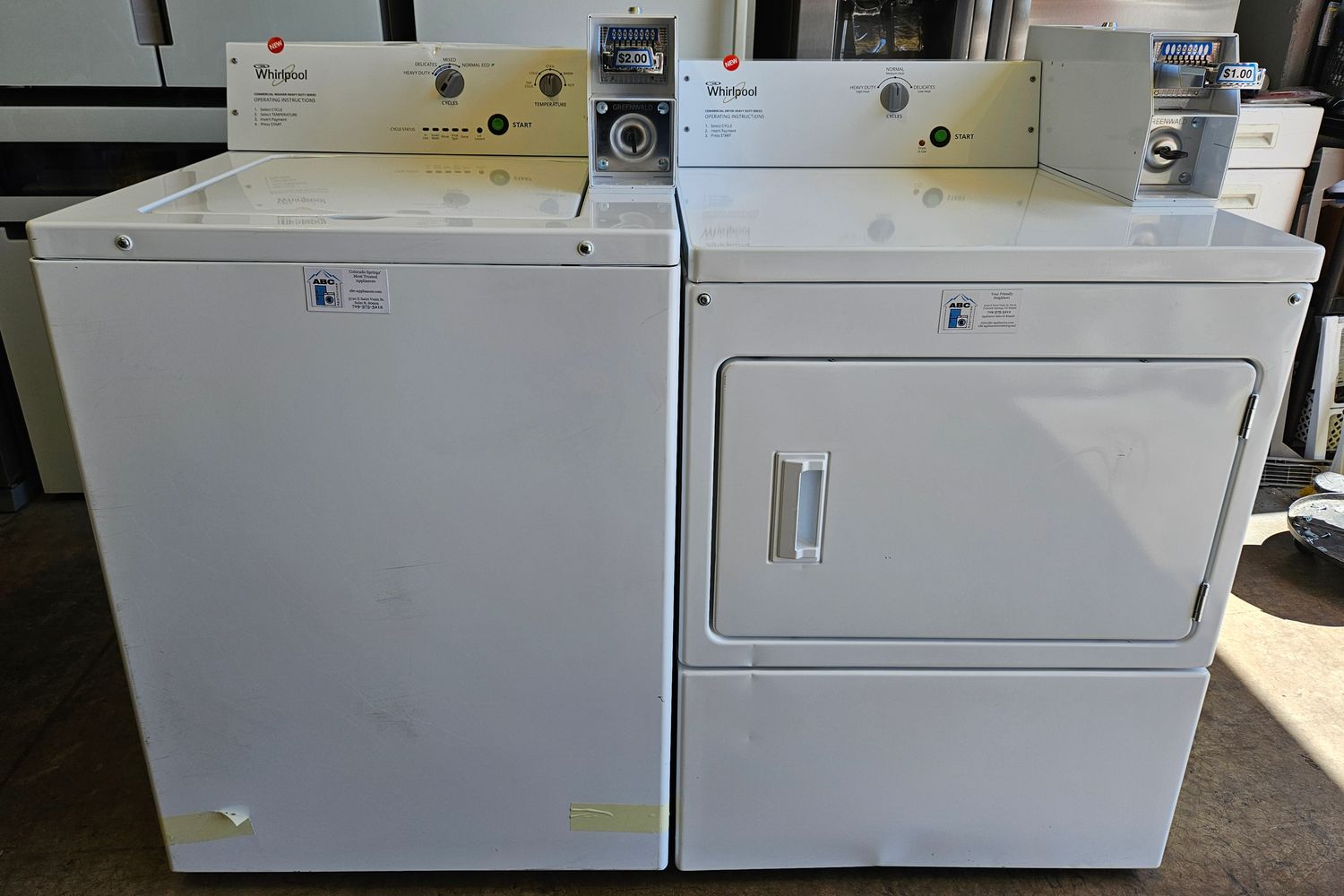 NEW! Whirlpool Commercial Coin-Ready Top Load Washer (3.3cu.ft.) &amp; Large Capacity Electric Dryer (7.4cu.ft.)