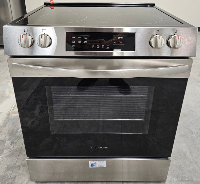 NEW! 30in Frigidaire 5-Burner Glass-Top Slide-in Range in Stainless Steel