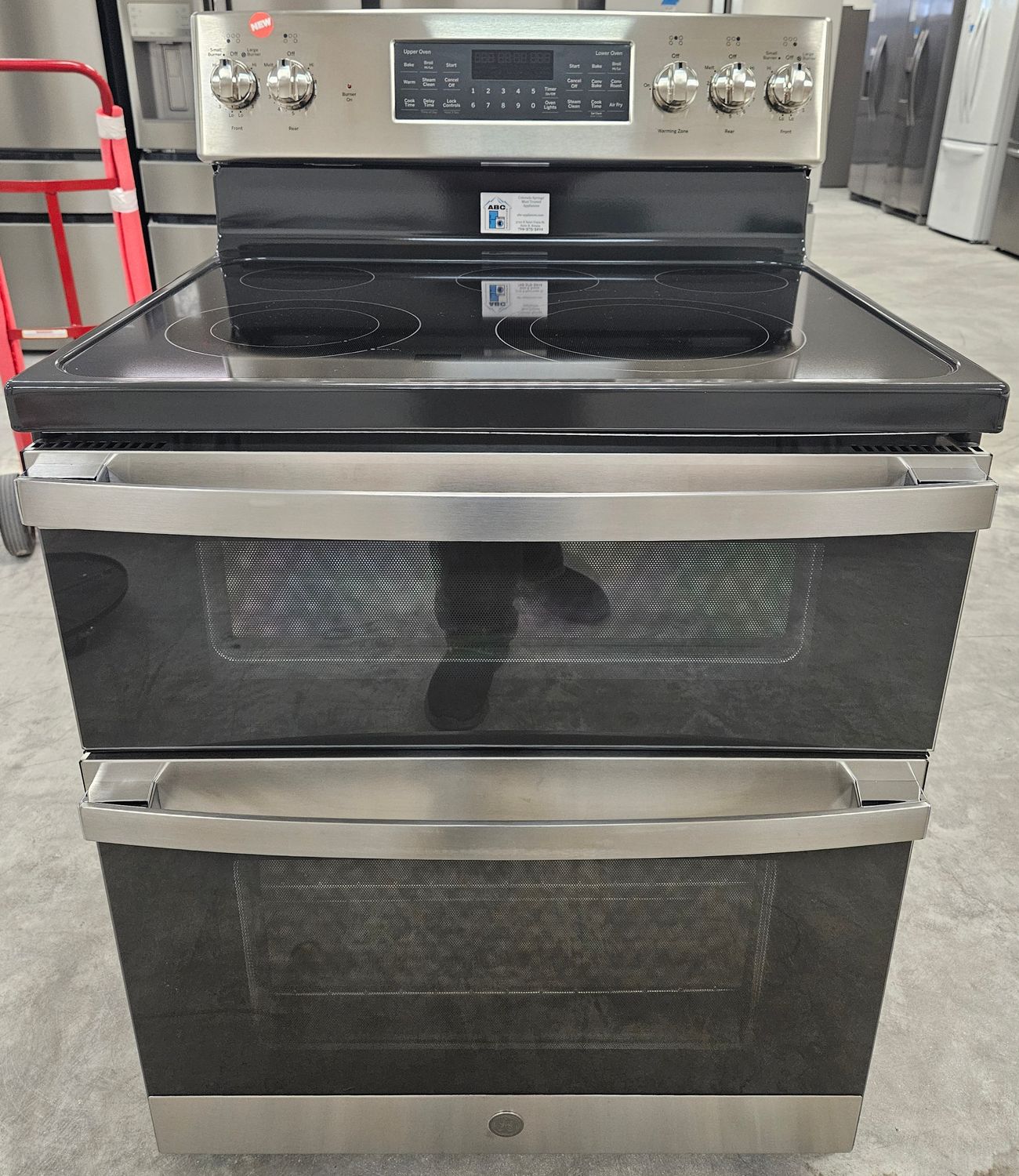 NEW! 30in GE 5-Burner Glass-Top Double-Oven Range in Stainless Steel