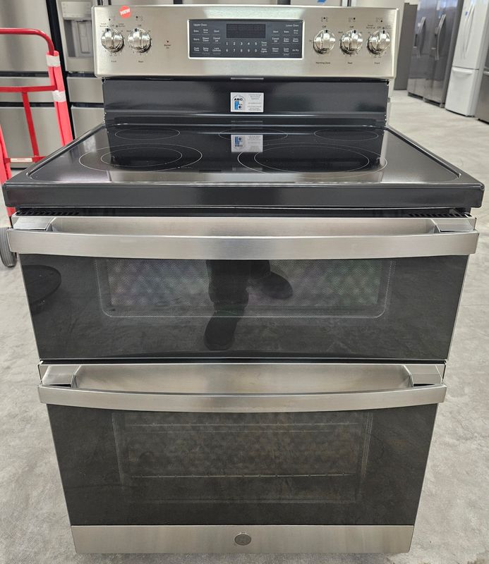 NEW! 30in GE 5-Burner Glass-Top Double-Oven Range in Stainless Steel